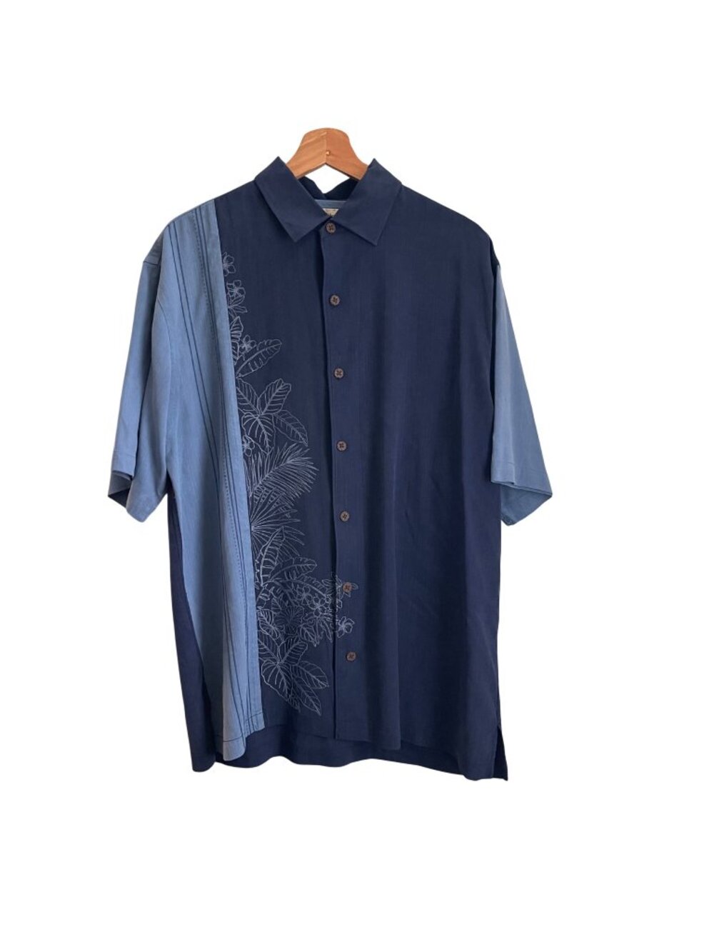 Tommy Bahama Mens Silk Camp Shirt Size L Blue Embroidered Tropical Hawaiian